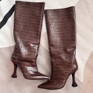 AQUA Women's Croc Embossed High Heel Boots